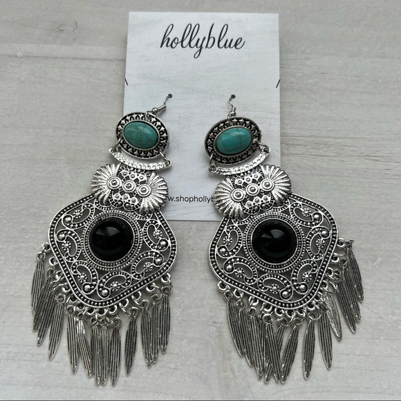 Boho Silver and Turquoise Tassel Oversized Dangle Retro Artsy Tribal Earrings - Picture 4 of 12